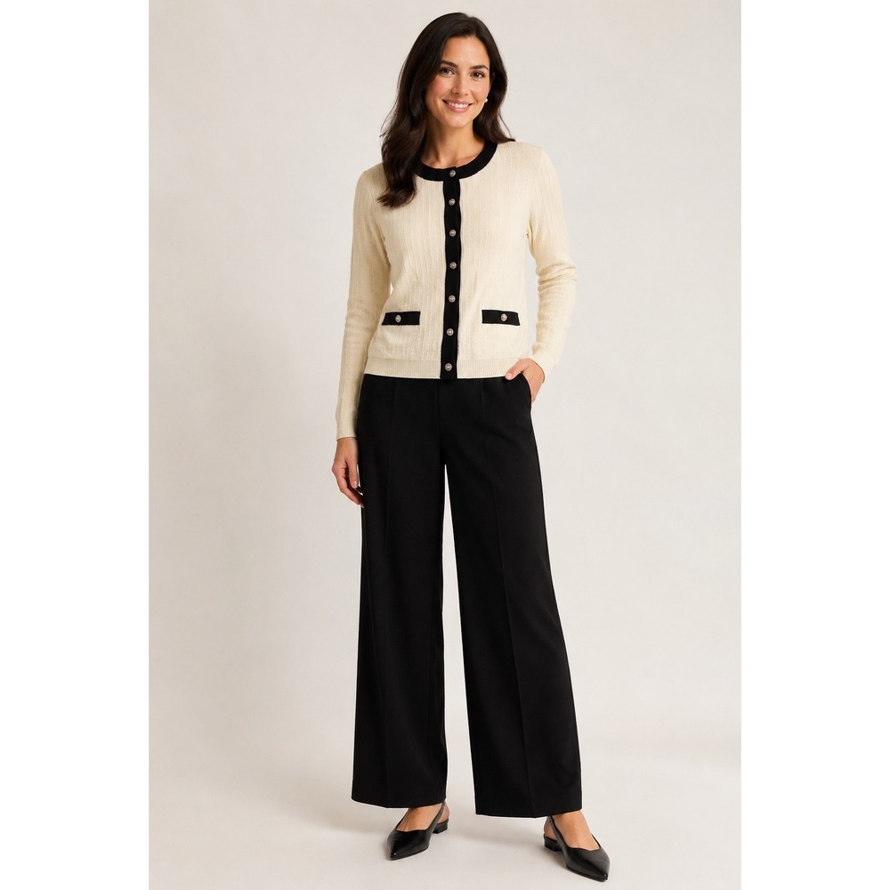 Adrianna Papell Cream Black Cardigan Pearl Button Old Money Quiet Luxury L